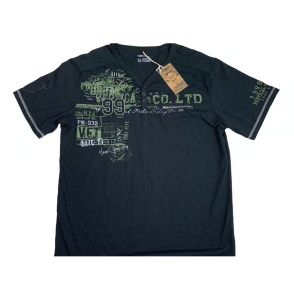 Vertical Sport V-Neck Graphic Shirt Men's 2X Black Army Green Sleeve Pocket NEW